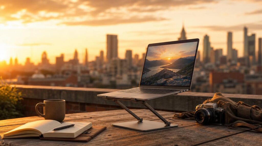 A laptop elevated on a slim folding stand on a rooftop table at golden hour, city skyline