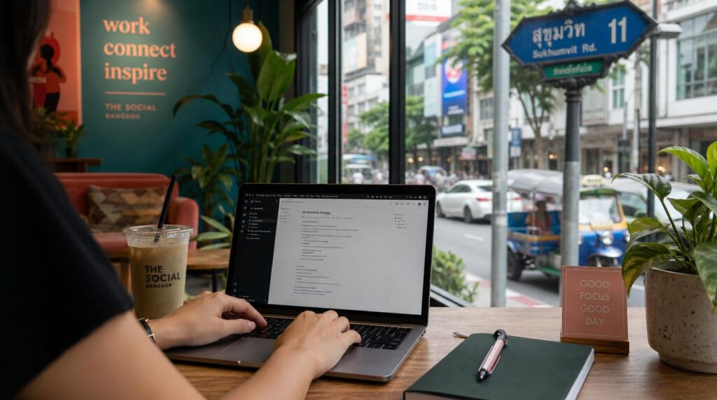 A person's hands typing on a laptop at a Bangkok coworking space