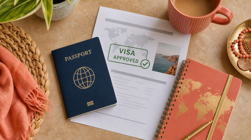 a passport, visa approval printout, and a small notebook on a warm sand-toned table