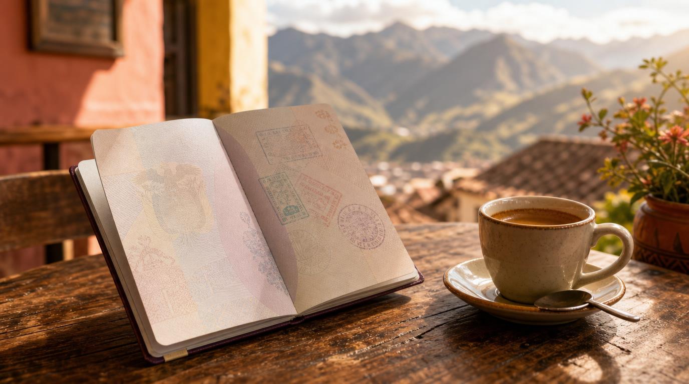 A Colombian passport open to a visa stamp page, resting on a worn wooden café table beside a small cup of coffee.