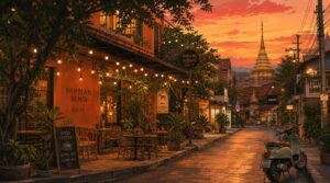 A Nimman neighborhood street in Chiang Mai at golden hour