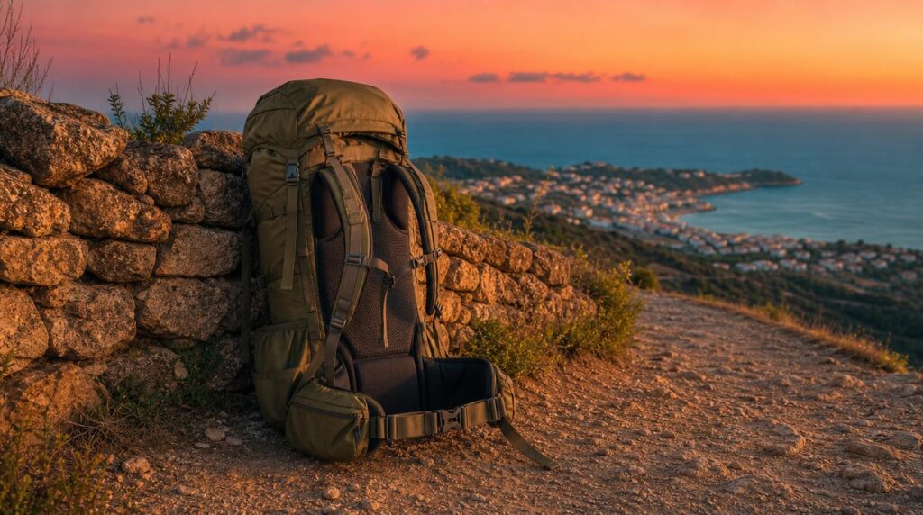 A backpack with visible hip belt and load-lifting straps leaning against a low stone wall