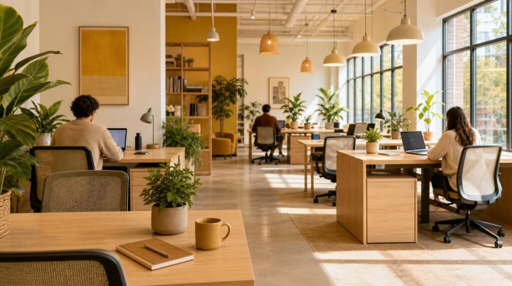 A bright, airy coworking space with several desks, greenery, and large windows letting in natural light, a mix of empty and occupied desks