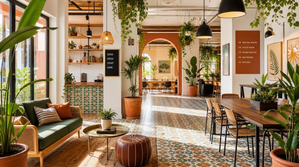A bright, plant-filled coworking common area with tiled Moroccan-style flooring and warm