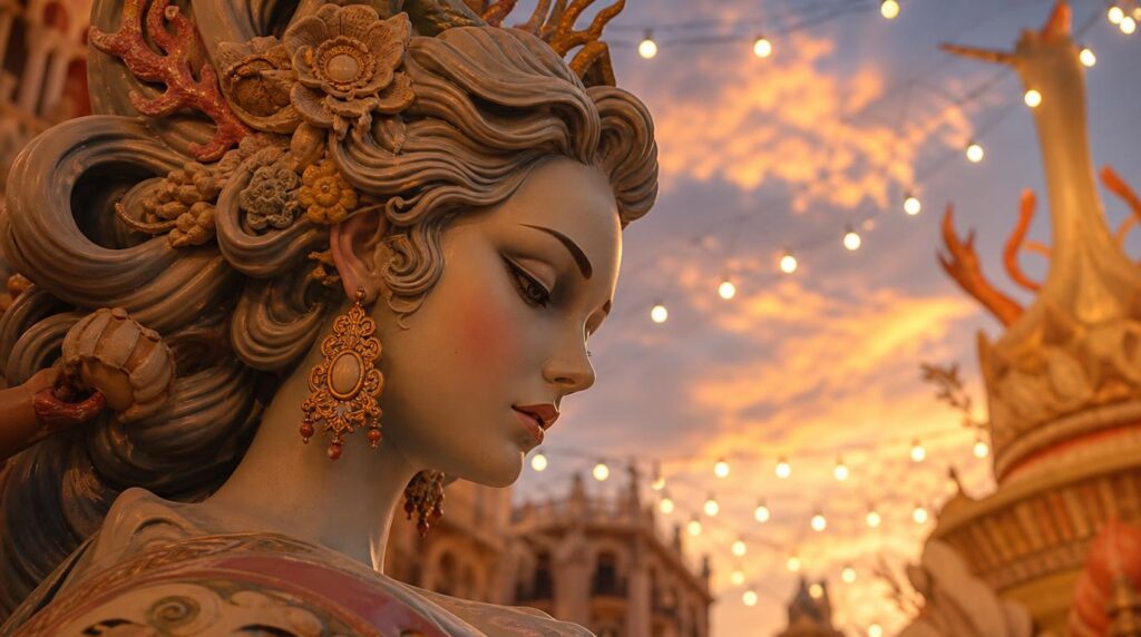 A close textural shot of a single unlit falla sculpture detail against a warm evening sky, orange and gold festival lights