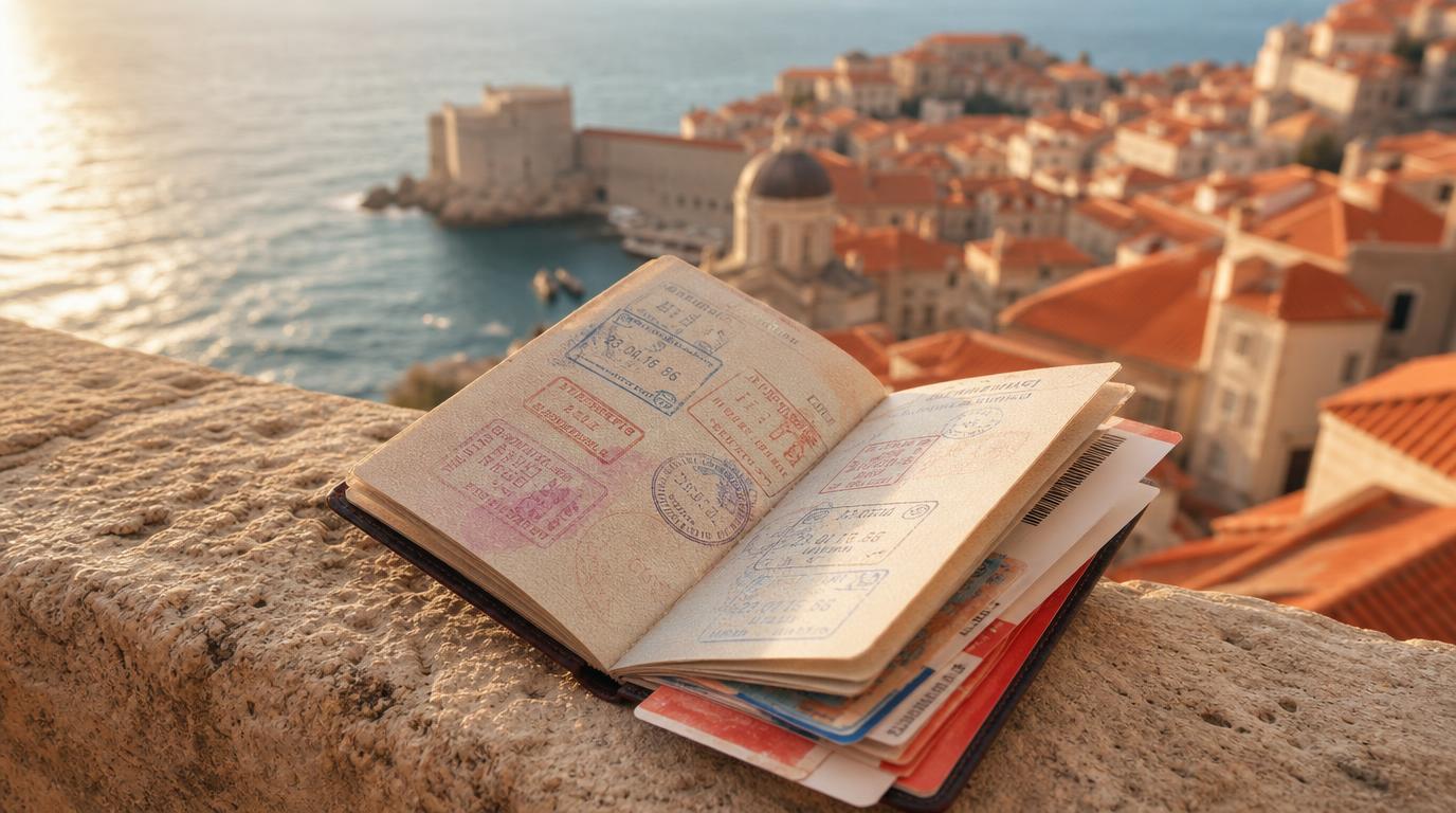 A close, textural shot of an open passport resting on a weathered stone ledge overlooking the Adriatic Sea
