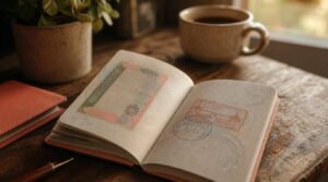A close, textural shot of an open passport resting on a worn wooden desk, a visa sticker and entry stamp visible on the page, soft