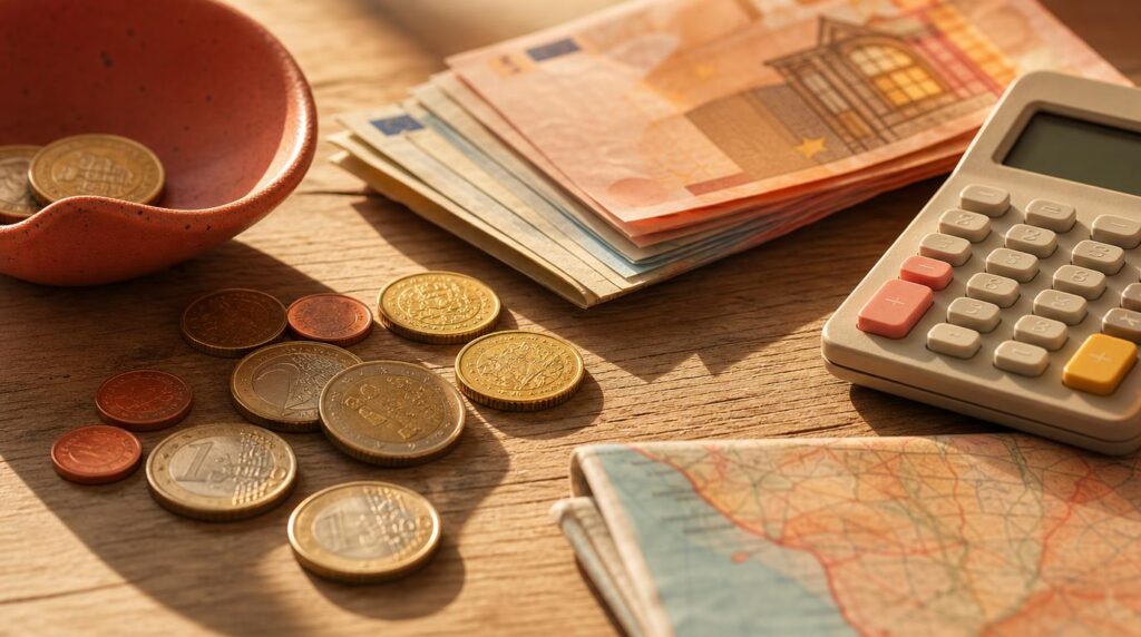 A close, textural shot of euro coins and a small stack of banknotes next to a simple calculator and a folded map,