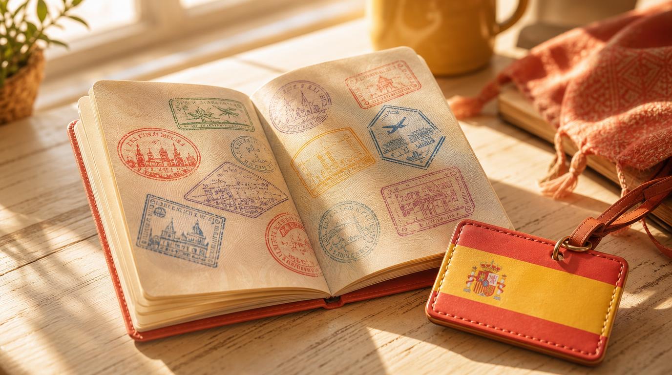 A close, warmly lit shot of an open passport resting on a wooden table,