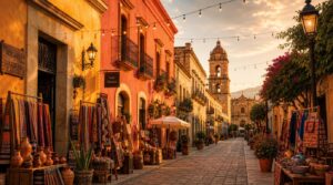 A colorful colonial street in Oaxaca City's Centro at golden hour, warm sunlit stone facades in ochre and coral tones,