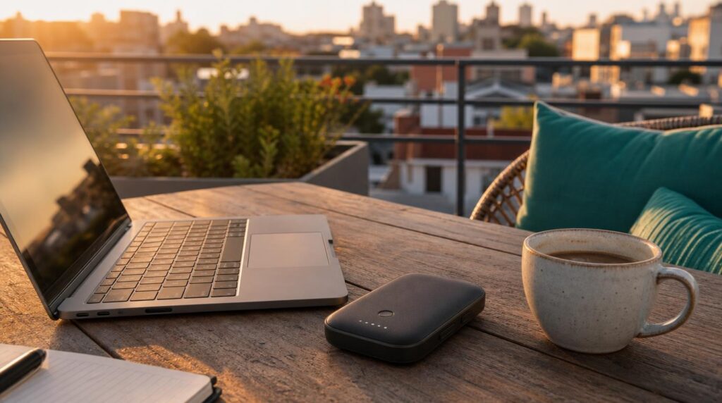 A compact portable wifi hotspot device sitting on a rooftop co-working table beside an open laptop