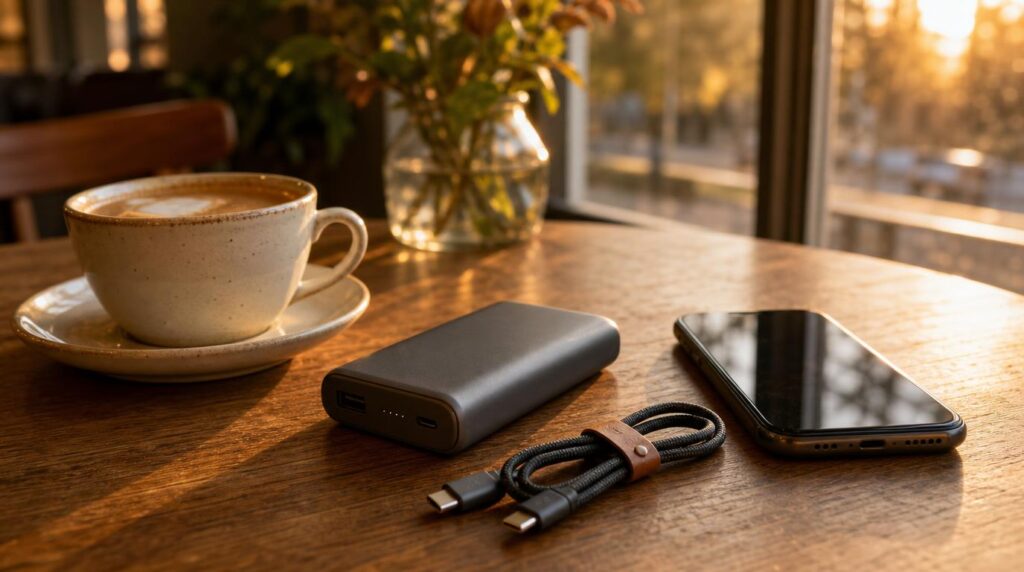 A compact power bank and charging cable resting on a café table beside a phone