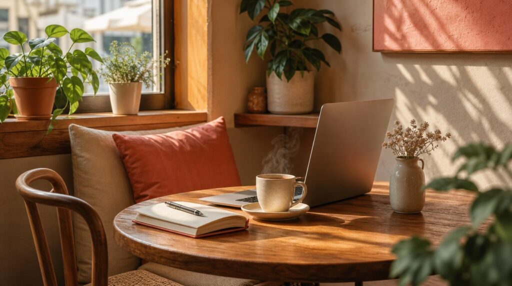 A cozy corner table in a sunlit cafe, warm wood tones, a laptop and notebook, steam rising from a cup