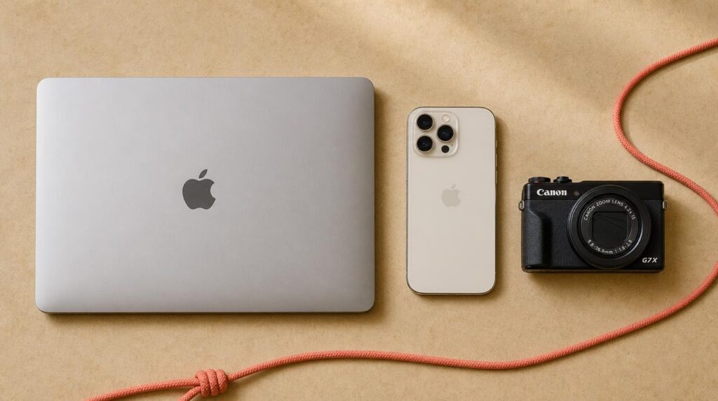 A flat-lay close-up of a laptop, a smartphone, and a small camera arranged neatly on a warm sand-colored surface