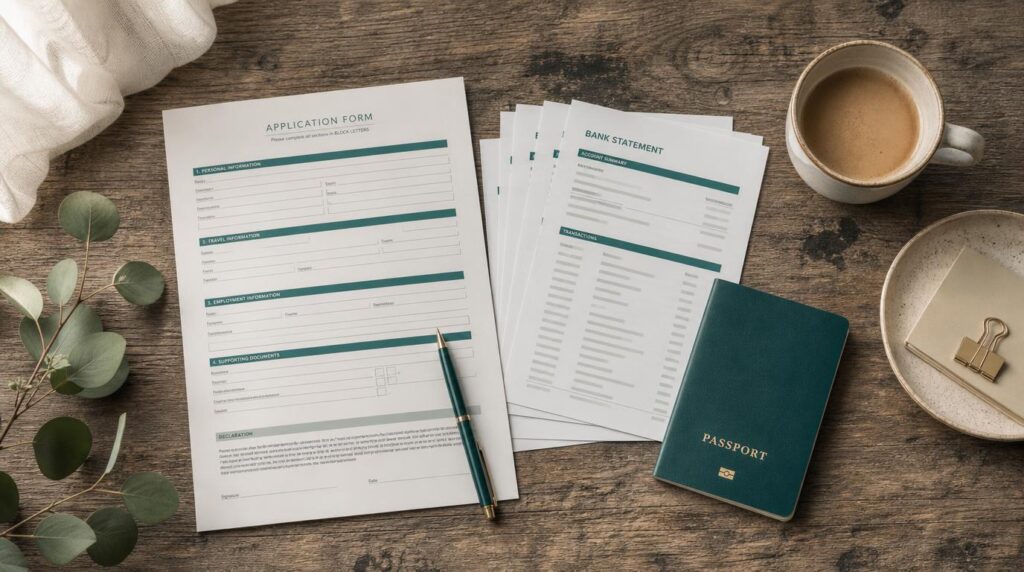 A flatlay of travel documents on a rustic wooden table a printed application form