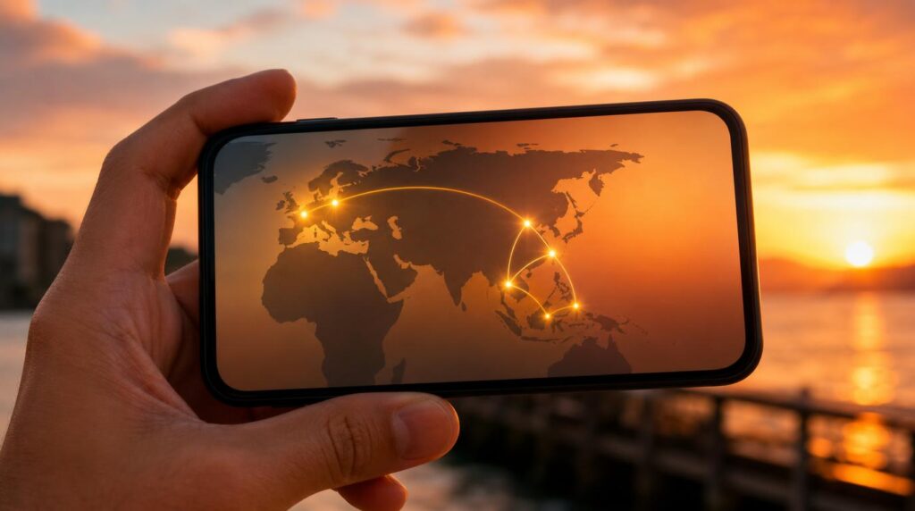A hand holding a phone displaying a simple world map graphic with glowing connection points