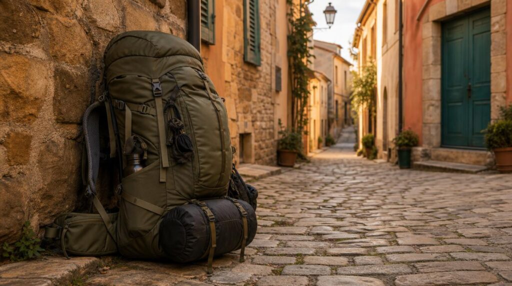 A heavily loaded backpack with a padded hip belt standing beside a narrow cobblestone street