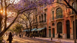 A jacaranda-lined street in Roma Norte, Mexico City, golden late-afternoon light, purple blossoms overhead