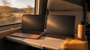 A laptop and a slim portable monitor set up side by side on a fold-down train tray table, warm late-afternoon light streaming
