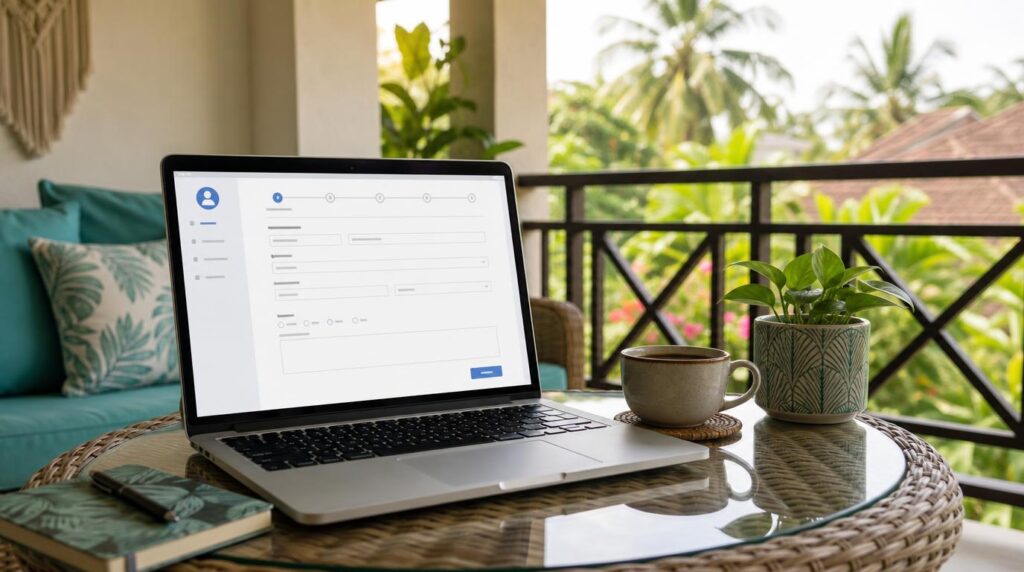 A laptop open on a rattan table on a covered balcony, showing a generic online application form on