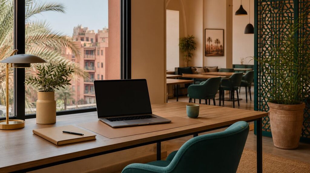 A modern coworking desk in a Gueliz-style space, laptop open, warm natural light through a large window