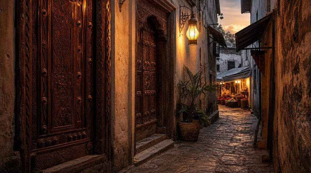 A narrow Stone Town alley at dusk, carved wooden Zanzibari doors, warm lantern light spilling onto worn