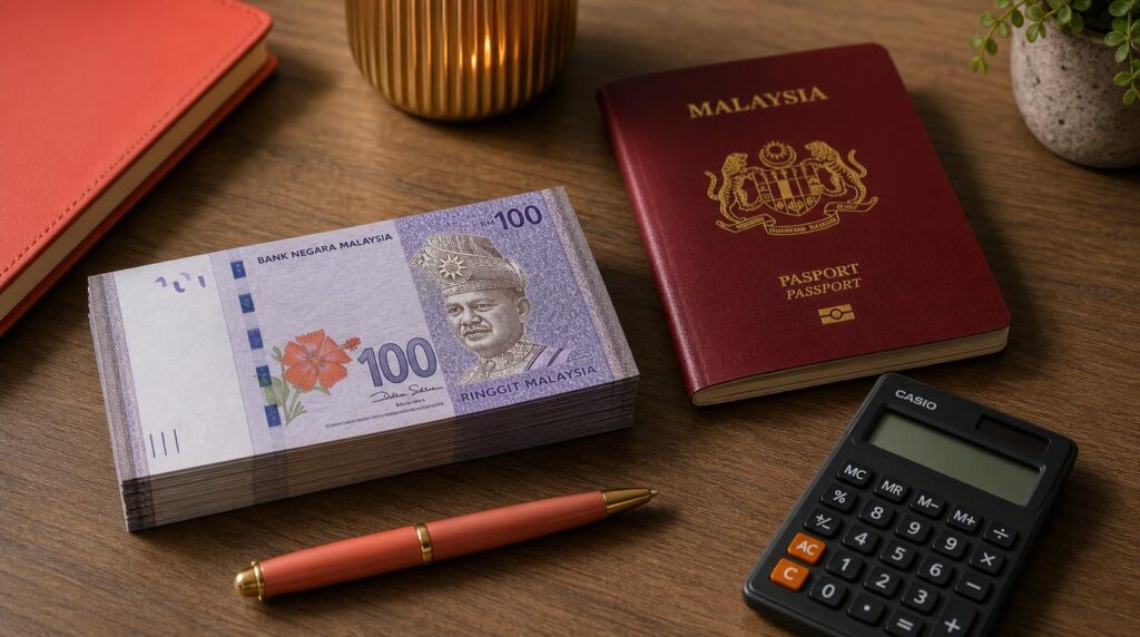 A neat stack of Malaysian ringgit banknotes next to a closed passport and a small calculator on a wooden desk