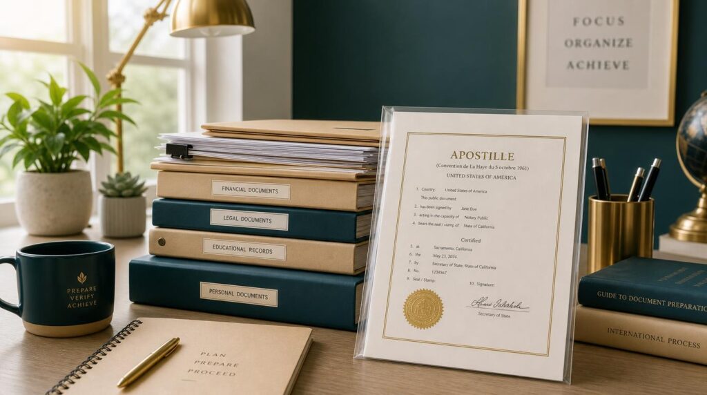 A neatly organized stack of paperwork, folders, and a sealed apostille document on a desk near