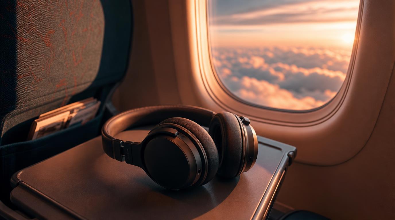 A pair of over-ear ANC headphones resting on a fold-down airplane tray table beside a window seat