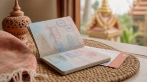 A passport open to a visa stamp page resting on a woven mat