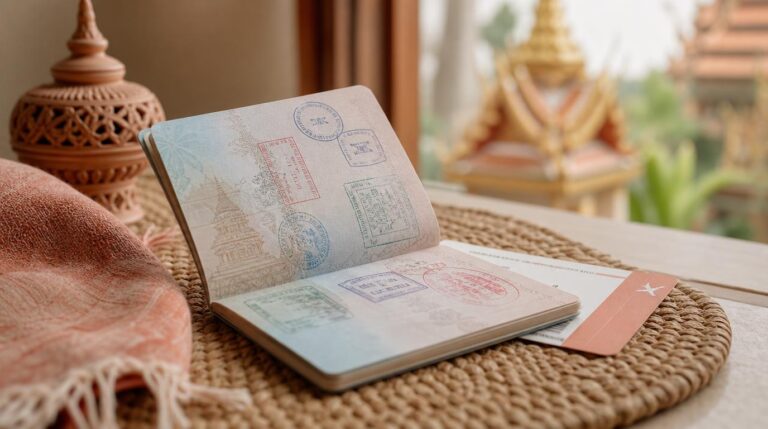 A passport open to a visa stamp page resting on a woven mat