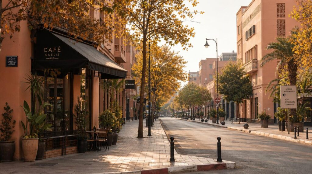 A quiet Gueliz street in soft early-morning autumn light, sand-colored buildings, a few potted plants