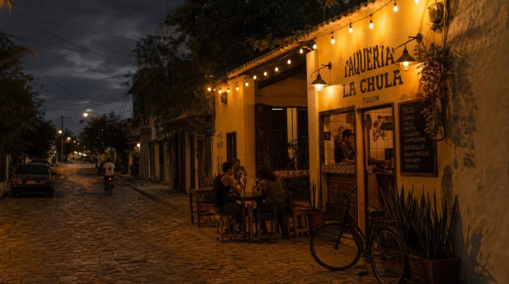 A quiet cobblestone street in Tulum Centro at dusk, small local taquería with string lights, a parked bicycle,