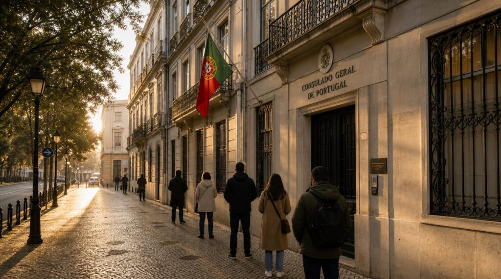 A quiet cobblestone street outside a Portuguese consulate building in early morning light, national flag visible on the facade