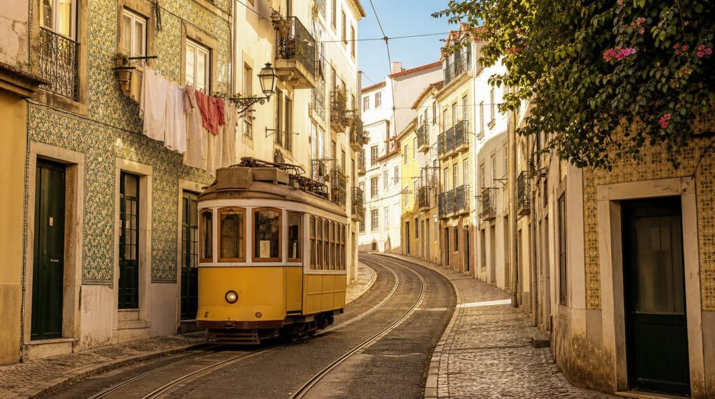 A quiet, sunlit Lisbon side street with tiled buildings and hanging laundry, an empty vintage yellow tram track curving uphill