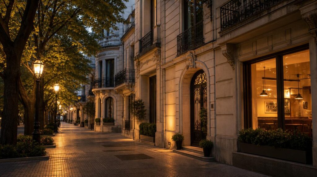 A quiet, well-lit Recoleta street at early evening, tree-lined sidewalk, classic French-influenced facades, a few glowing