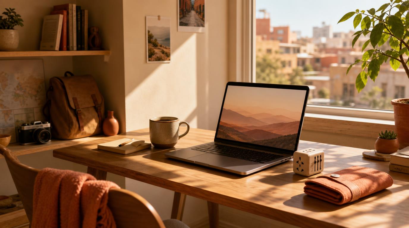 A remote worker's small desk setup by a sunlit window in a minimalist apartment