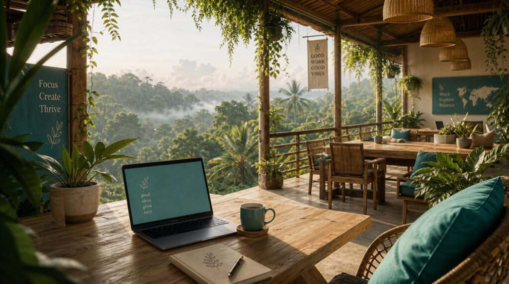 A rooftop coworking space nestled in jungle canopy, open-air with wooden furniture and greenery