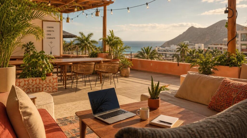 A rooftop coworking terrace at a hostel-style hotel in Latin America, string lights, plants, a laptop on a low table