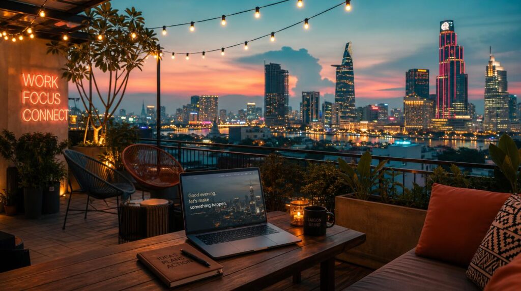 A rooftop coworking terrace at dusk, string lights, a laptop open on a low table with a skyline view of Saigon in the background,