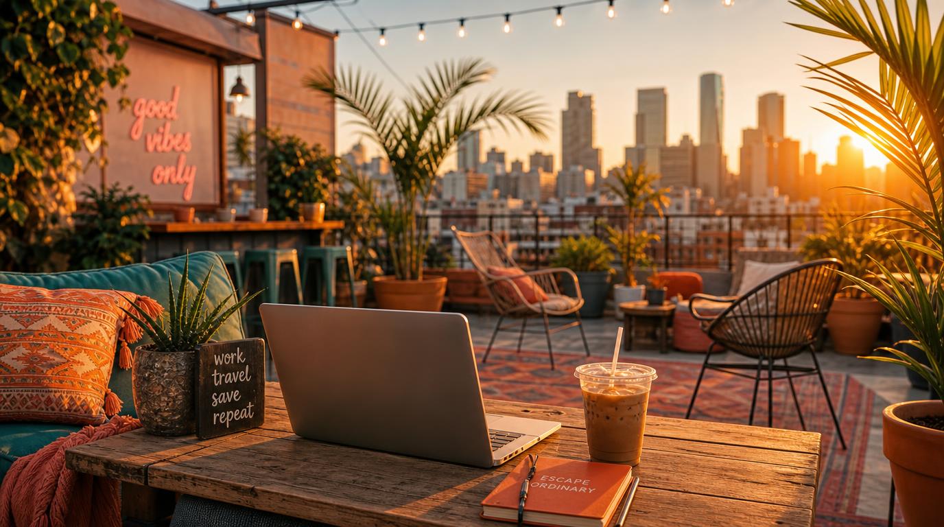 A rooftop coworking terrace at golden hour, string lights overhead, a laptop and iced coffee on a low table