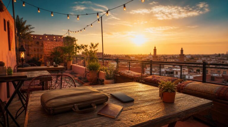 A rooftop coworking terrace at golden hour, string lights overhead, a small table holding a closed laptop bag, a passport,