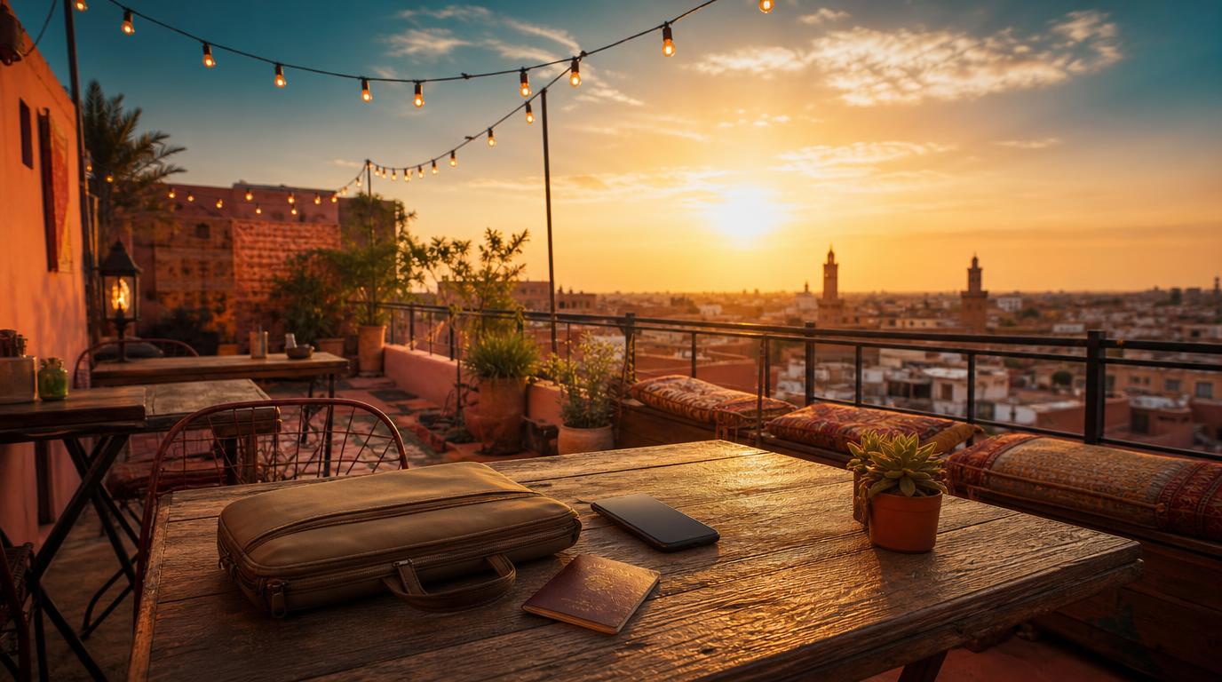 A rooftop coworking terrace at golden hour, string lights overhead, a small table holding a closed laptop bag, a passport,