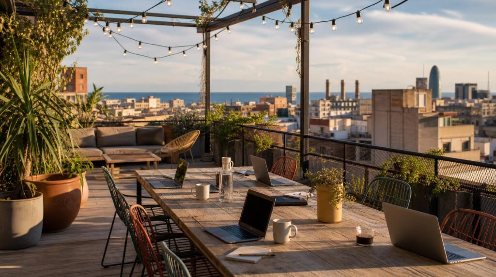 A rooftop coworking terrace in Poblenou, a few laptops and coffee cups on a communal table