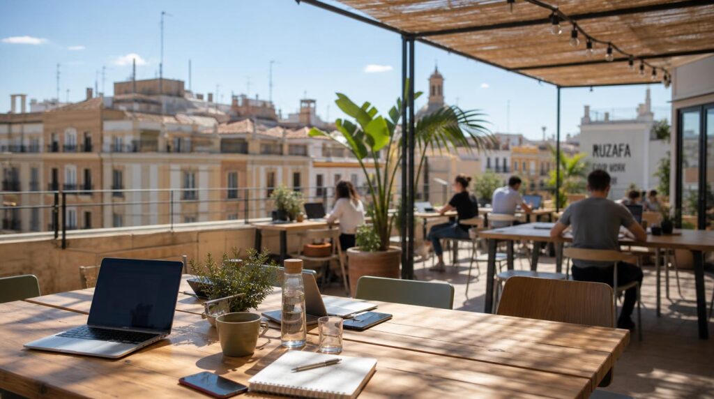 A rooftop coworking terrace in Ruzafa at midday, a few blurred figures at shared desks in the background