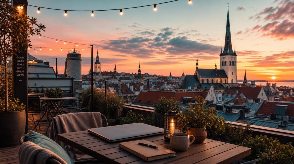 A rooftop coworking terrace overlooking Tallinn's skyline and church spires at golden hour, a laptop and notebook on a small outdoor table