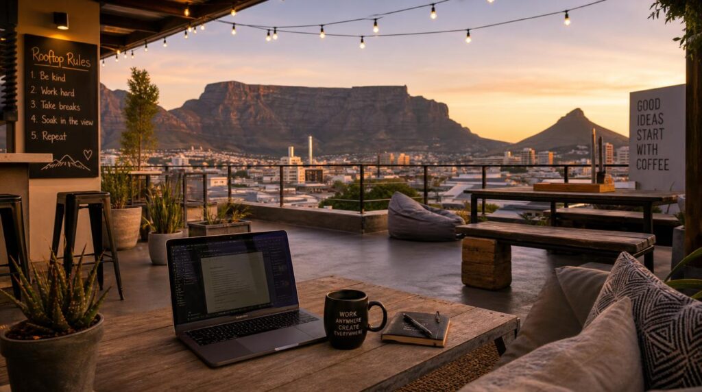 A rooftop coworking terrace with a laptop and coffee cup on a low table,