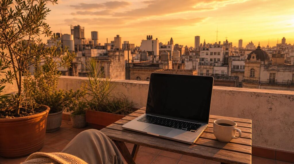 A rooftop terrace workspace in Buenos Aires at late afternoon, a small table with a laptop and a cup of coffee,