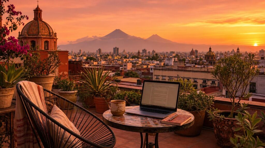 A rooftop terrace workspace in Mexico City at golden hour, laptop and coffee cup on a small table