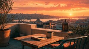 A rooftop workspace at golden-hour sunset, small table with a notebook and a cup of coffee, warm sand